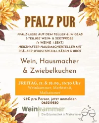 Ein Veranstaltungskalender für die Weinkammer in Maikammer im Februar. Er enthält Informationen über eine Blindprobe und ein Spiele-Event.