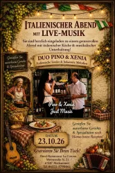 Ein Flyer für einen Musikabend im Hotel-Restaurant La Corona in Maikammer. Er beschreibt Live-Musik, italienische Spezialitäten und eine gemütliche Atmosphäre am 24. April 2026.