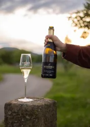 Eine Flasche Sekt wird in der Hand gehalten, während ein Glas bereitsteht. Die Szenerie zeigt eine malerische Landschaft mit sanften Hügeln im Hintergrund.