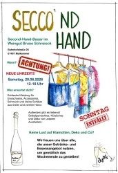 Ein Plakat für einen Second-Hand-Basar mit bunten Kleidungsstücken an einer Leine. Der Basar findet am 20. Juni 2026 in Mailkarmen statt.