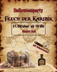 Eine Einladung zur Halloweenparty mit dem Thema „Fluch der Karibik“. Die Veranstaltung findet am 31. Oktober ab 19 Uhr statt und der Eintritt ist frei.