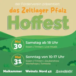 Ein Flyer für das Zeltlager Pfalz Hoffest. Die Veranstaltung findet am 30. Mai mit Live-Musik und am 31. Mai mit Zaubershow und Workshops statt.