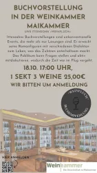 Eine Einladung zur Buchvorstellung in der Weinkammer Maikammer. Die Veranstaltung findet am 18.10. um 17:00 Uhr statt und bietet Weinproben an.