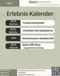 Ein Erlebnis-Kalender für die Weinkammer in Maikammer im Februar. Der Kalender listet verschiedene Weinproben und Veranstaltungen mit Terminen und Uhrzeiten auf.