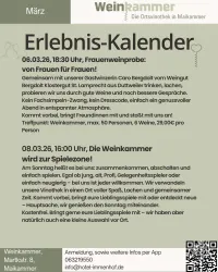 Ein Veranstaltungskalender für die Wein­kammer in Maikammer. Enthält Informationen zu einer Blindprobe und einem Spieleabend im Februar.