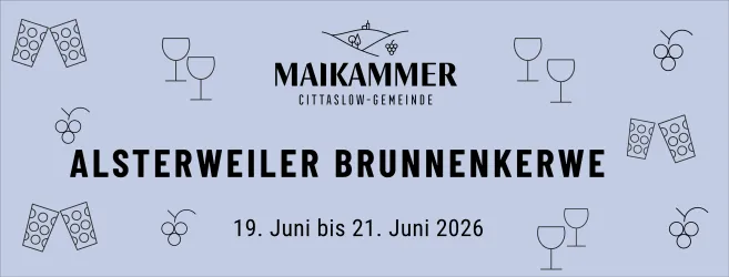 Ein Banner für die Alsterweiler Brunnenkerwe mit dem Datum vom 19. bis 21. Juni 2026. Das Design zeigt Symbole wie Gläser, Bienen und Trauben.