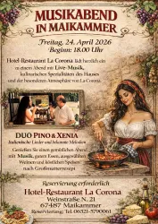 Ein Flyer für einen Musikabend im Hotel-Restaurant La Corona in Maikammer. Er beschreibt Live-Musik, italienische Spezialitäten und eine gemütliche Atmosphäre am 24. April 2026.