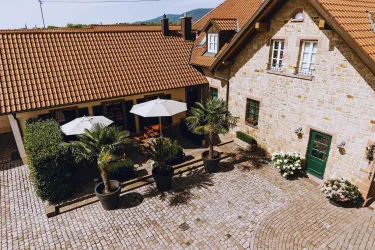 Ein gemütlicher Innenhof mit Pflastersteinen und Palmen. Im Hintergrund sind zwei Gebäude mit roten Dächern und Sonnenschirmen zu sehen.