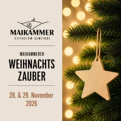 Ein festlicher Hintergrund mit Weihnachtslichtern. Der Text kündigt den Maikammerer Weihnachtszauber am 29. und 30. November 2025 an.