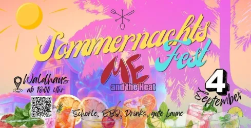 Eine sommerliche Nachtveranstaltung mit bunten Cocktails und fruchtigen Motiven. Datum: 9. August.