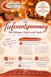 Ein Werbeplakat für Yoga Nidra im Sportpark Maikammer. Es zeigt Termine und Informationen zur Veranstaltung in einer Salzgrotte.