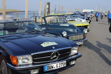 Eine Reihe klassischer Autos steht auf einem Gehweg am Wasser. Im Hintergrund sind Menschen und segelboote zu sehen.