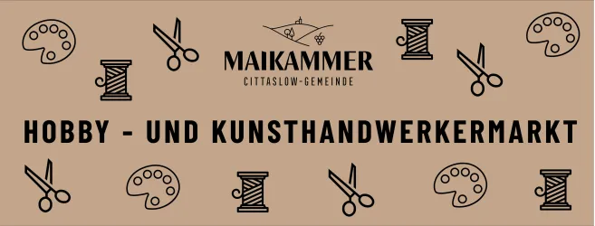 Ein grafisches Banner für einen Hobby- und Kunsthandwerkermarkt. Es zeigt Werkzeuge und Materialien wie Scheren, Pinsel und Garn auf einem braunen Hintergrund.