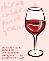 Ein stilvolles Weinglas mit rotem Wein. Im Hintergrund stehen verschiedene Weinarten beschrieben, darunter Spätburgunder.