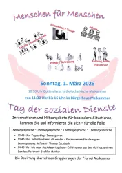 Ein Plakat für den "Tag der sozialen Dienste" in Maikammer. Es lädt zur Informationsveranstaltung über soziale Angebote ein und zeigt verschiedene Symbole für Hilfe und Unterstützung.