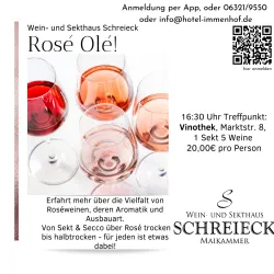 Ein einladendes Event für Weinliebhaber mit verschiedenen Gläsern von Rosé-Weinen. Das Bild vermittelt eine festliche Atmosphäre und kündigt eine Verkostung an.