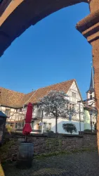 Eine malerische Sicht auf ein historisches Gebäude mit einem blauen Himmel. Im Vordergrund steht ein roter Sonnenschirm und ein blühender Baum.