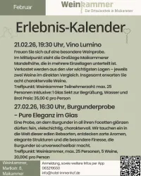 Ein Veranstaltungskalender für die Wein­kammer in Maikammer. Enthält Informationen zu einer Blindprobe und einem Spieleabend im Februar.