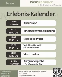 Ein Erlebnis-Kalender für die Weinkammer in Maikammer im Februar. Der Kalender listet verschiedene Weinproben und Veranstaltungen mit Terminen und Uhrzeiten auf.