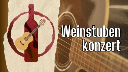Ein Konzert in einer Weinstube mit einer Gitarre und einem Weinflaschen-Design. Die Atmosphäre ist gemütlich und musikalisch.