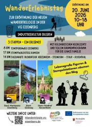 Ein Plakat für den WanderErlebnistag am 20. Juni 2026 mit Informationen zu Aktivitäten und Routen. Es zeigt verschiedene Stationen, kulinarische Highlights und eine Karte der Veranstaltungsorte.
