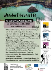 Ein Plakat für den Wandererlebnistag in der Verbandsgemeinde Eisenberg. Es zeigt Informationen über Veranstaltungen, Aktivitäten und Startzeiten am 20. Juni 2026.