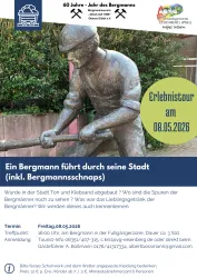 Eine Statue eines Bergmanns führt durch die Stadt. Informationen zur Erlebnisführung am 08.05.2026 sind ebenfalls enthalten.