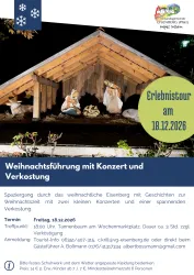 Eine festliche Weihnachtsführung durch Eisenberg mit Konzerten und Verkostungen. Datum und Details der Veranstaltung sind angegeben.