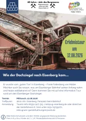 Das Bild zeigt eine Industrieanlage mit Treppen und Metallstrukturen. Es gibt Informationen zu einer Erlebnis-Tour am 12. August 2026 in Eisenberg.