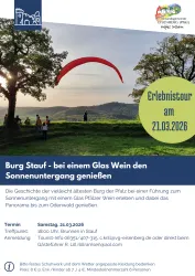 Eine Einladung zu einer Erlebnis-Tour bei der Burg Stauf mit Wein und Sonnenuntergang. Die Veranstaltung findet am 21. März 2026 statt.