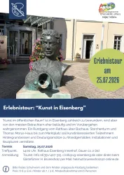 Eine Einladung zu einer Kunsttour in Eisenberg, die am 25. Juli 2026 stattfindet. Im Vordergrund ist eine Statue zu sehen, die Kunst im öffentlichen Raum präsentiert.