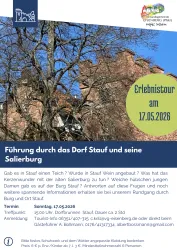 Eine Einladung zu einer Führung durch das Dorf Stauf und seine Salierburg. Datum und Treffpunkt sind angegeben, mit Informationen zur Anmeldung.