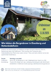 Ein informatives Plakat über eine Erlebnistour in Eisenberg und Hettenleidheim. Es zeigt ein historisches Gebäude und lädt zur Teilnahme an der Veranstaltung am 11. Oktober 2026 ein.