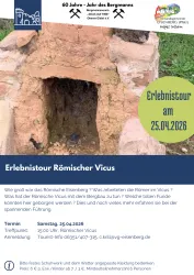 Ein historischer Ausblick auf einen antiken römischen Vicus mit einem Eingang. Der Text informiert über eine Erlebnistour am 25.04.2026.