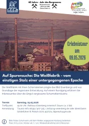 Eine alte Industrieanlage mit Schornsteinen und einer historischen Umgebung. Die Einladung zu einer Veranstaltung zur Erkundung der Weißfabrik wird vorgestellt.