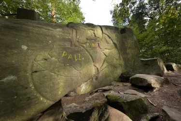 Ein großer Felsen mit eingekritzelten Zeichen steht zwischen Bäumen. Die Umgebung ist grün und natürlich.