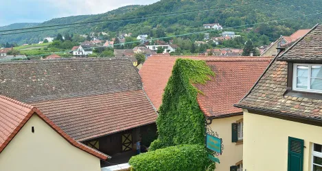 Eine ländliche Szene mit mehreren Häusern und einem bewachsenen Gebäude. Im Hintergrund sind sanfte Hügel und weitere Gebäude sichtbar.