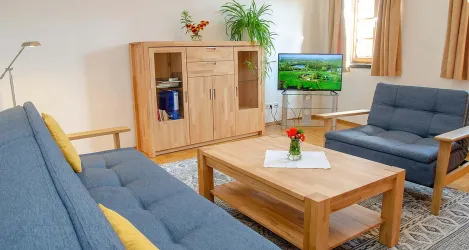 Ein gemütlicher Wohnraum mit blauen Sofas und einem Holztisch. Auf dem Tisch steht eine Blumenvase, und im Hintergrund sieht man einen Fernseher und einen Schrank.