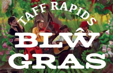 Eine bunte Illustration von vier Musikern, die in einer lebhaften Naturkulisse spielen. Über ihnen steht der Text "Taff Rapids BLW GRAS" in großen, weißen Buchstaben.