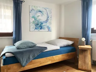 Ein gemütliches Schlafzimmer mit zwei Einzelbetten. Die zwei Fenster zeigen zum Hof sowie zur Straße.