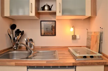 Eine moderne Küche mit Holzoberflächen, einer Kochgelegenheit mit zwei Kochplatten und einem Spülbecken. Hinter dem Spülbecken stehen Kochutensilien und ein kleiner Herd.