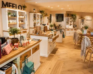 Ein einladendes Geschäft mit hellen Regalen und Holzmöbeln. Die Atmosphäre ist freundlich und geschmackvoll mit verschiedenen Produkten und Pflanzen dekoriert.