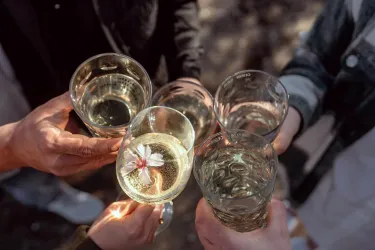 Eine Gruppe von Menschen hält Gläser mit Getränken. In einem Glas schwimmt eine Blume.