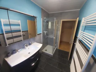 Ein modernes Badezimmer mit blauen Wänden und einer begehbaren Dusche. Der Raum enthält ein Waschbecken und Handtuchhalter aus Stahl.