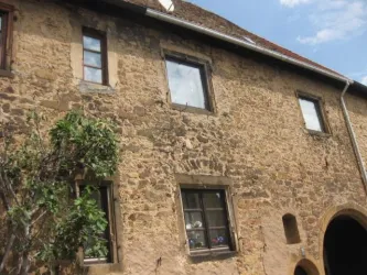Ein historisches Gebäude mit einer steinernen Fassade und mehreren Fenstern. Neben dem Haus steht ein kleiner Baum.