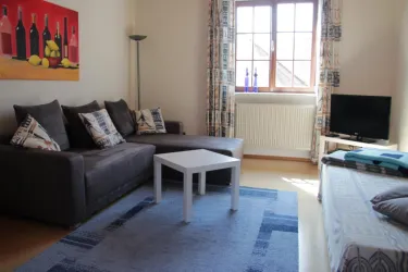 Ein gemütliches Wohnzimmer mit einem grauen Sofa, einem kleinen Tisch und einem Fernseher. An der Wand hängt ein Gemälde mit Weinen und Früchten.