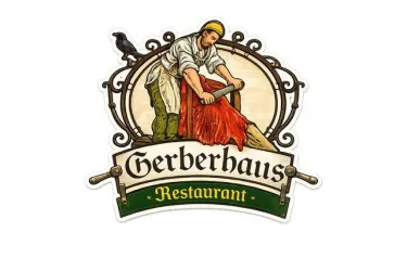 Ein traditionelles Logo für das Gerberhaus Restaurant. Es zeigt einen Arbeiter, der ein Stück Leder bearbeitet, umgeben von geschwungenen Verzierungen.