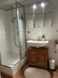 Das kompakte Badezimmer besteht aus Duschkabine, WC und geräumigem Spiegelschrank.