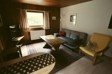 Ein gemütliches Wohnzimmer mit einem Sofa, einem Tisch und einem Fernseher. Das Holzdekor und die Fenster sorgen für eine warme Atmosphäre.