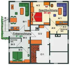 Eine Wohnungszeichnung mit zwei verschiedenen Wohnungen. Die Spechtwohnung hat eine Größe von 35 qm und die Finkenwohnung 41 qm.
